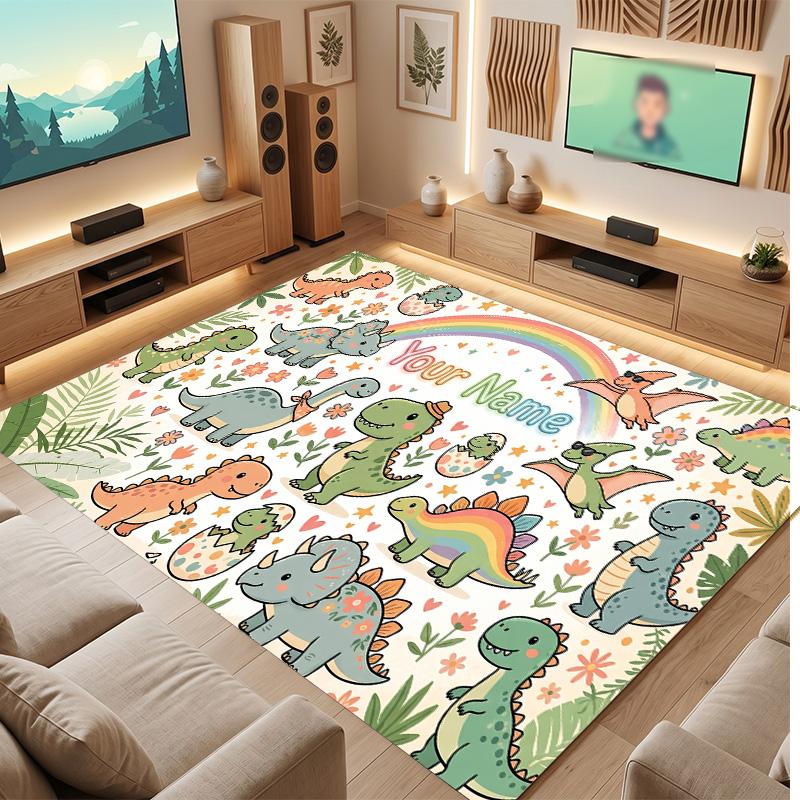 Dinosaur Theme Soft Crystal Velvet Rug Custom Name & Text Print Non Slip Floor Rug for Bedroom Living Room