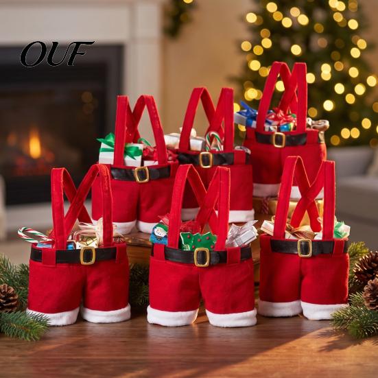 Santa Pants Treat Containers Christmas Gift Bag, Red Plush Candy Tote with Handles Novelty Present Wraps for Wine Bottle, Holiday Party Favor