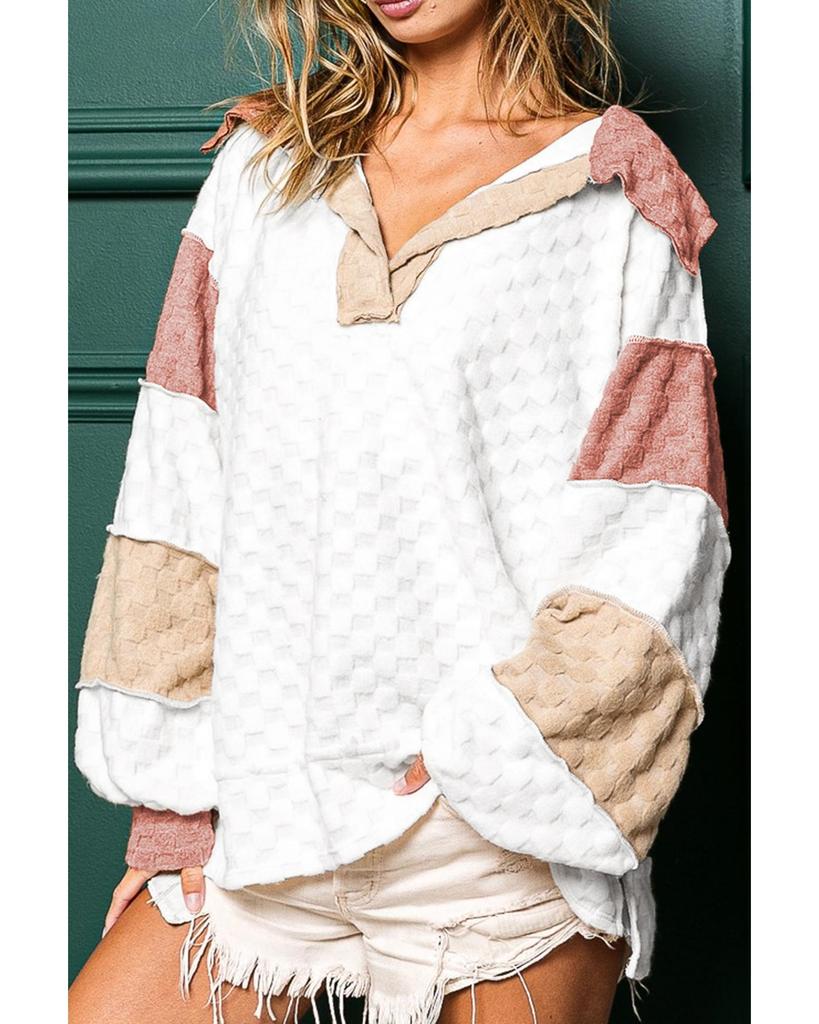 Azura Exchange White Plaid Patchwork Exposed Seam V Neck Loose Blouse