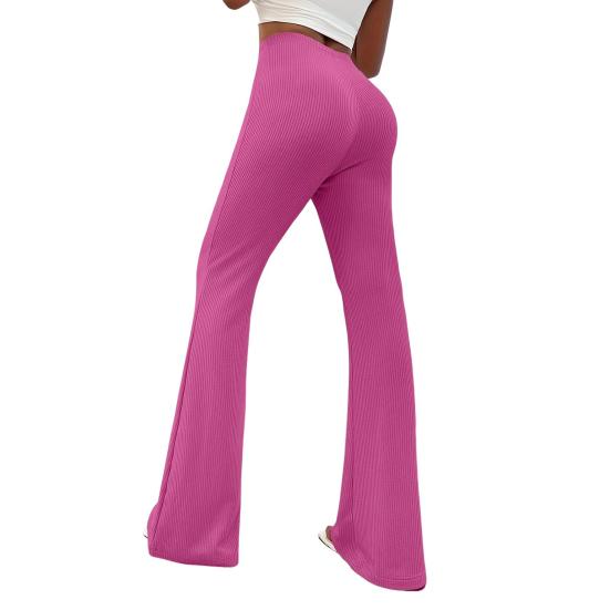 Women Flared Pants Elastic High Waist Solid Color Long Pants