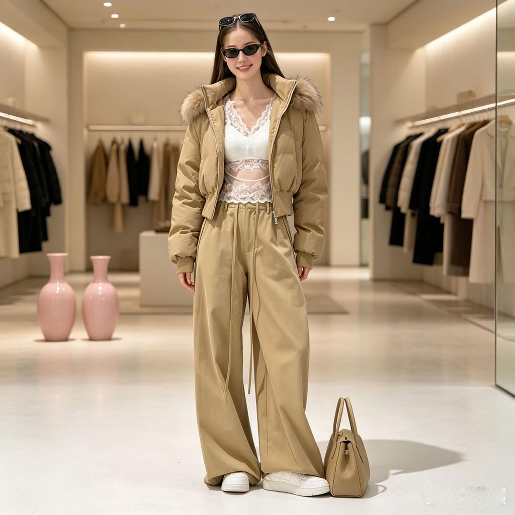 Winter New Green High Waist Short Small Fur Collar Down Jacket Women's Winter Waist Jacket Women's