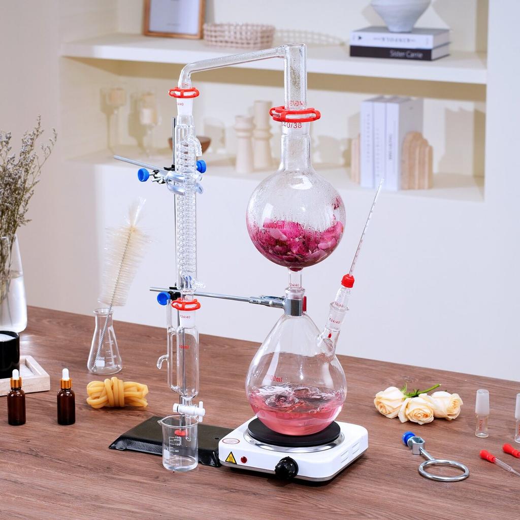 Essential Oil Distillation Kit, 2000ml Distillation Apparatus, 3.3 Boro Lab Glassware Distillation Kit with 1000W Heating Plate and 24, 40 Joint, 28
