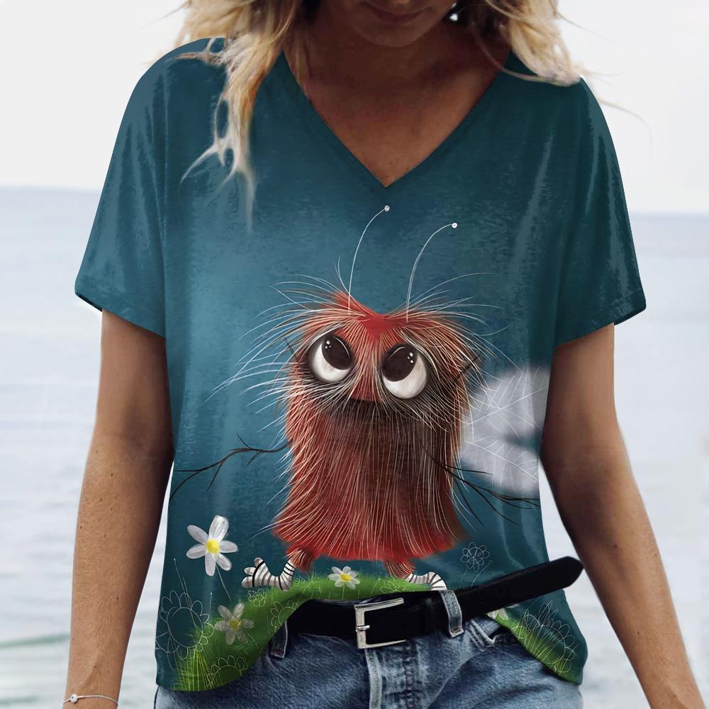 Funny 3D Doll Print Women's T-Shirts Summer Daily Casual Female Clothing Fashion V-neck Short Sleeve Tee Street Girls Loose Tops