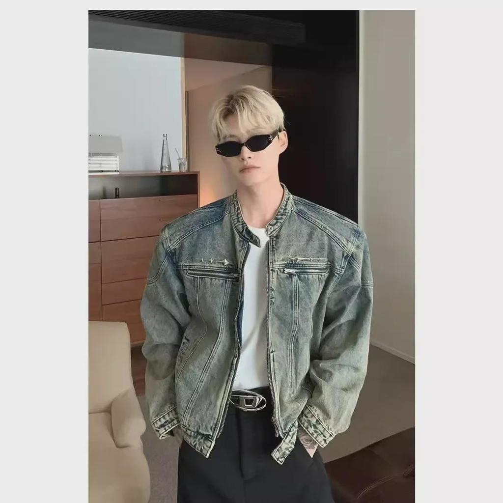 Мужская модная винтажная джинсовая куртка 2023: Дизайн «улица», короткий, воротник-стойка, молния и подплечники для осени