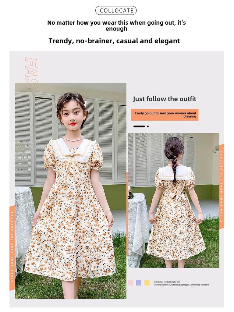 Girls' Stylish Floral Summer Dress with Puff Sleeves