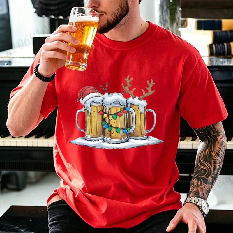 Men Christmas Beer Santa Hat Reindeer Print T Shirt Christmas Lights Funny Xmas Beer Lover Graphic Short Sleeve T-Shirts Tops