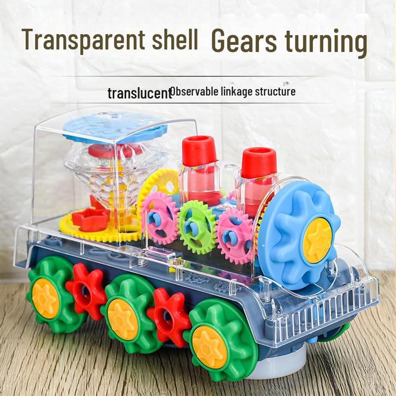 Transparent Musical Rotating Locomotive Toy with Universal Driving and Gear Linkage