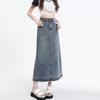 Elegant Summer High Waist Slim Retro Raw Edge Design A-line Straight Package Hip Mid-Length Skirt Versatile Comfortable Fashion Denim Bustier Skirt