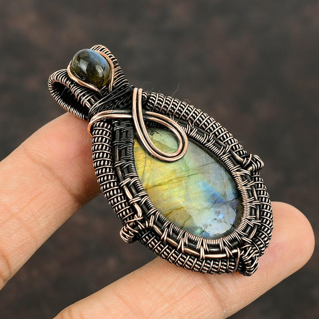 Кулон из лабрадорита, подвеска из медной проволоки, подвеска из настоящего драгоценного камня, кулон ручной работы из лабрадорита, ювелирные изделия из меди, дизайнерские ювелирные изделия, подарок на годовщину