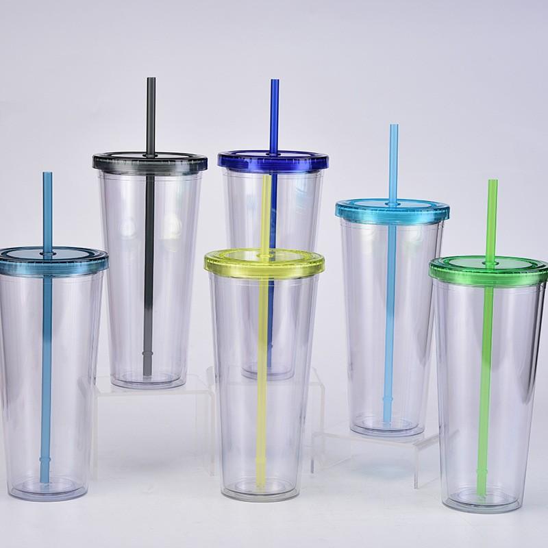 700ml Straw Cup, Simple Summer Juice Beverage Cup, Household Transparent Double-layer Plastic Cup