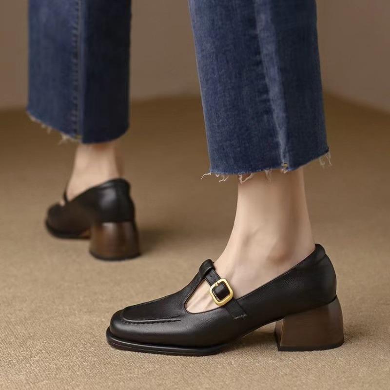 Мода Новая Мода Женские Т-образные Кожаные Массивные Оксфорды Коричневые Средние Каблуки Квадратный Носок Дизайнерские Туфли-Лодочки Черные Простроченные Туфли для Платья