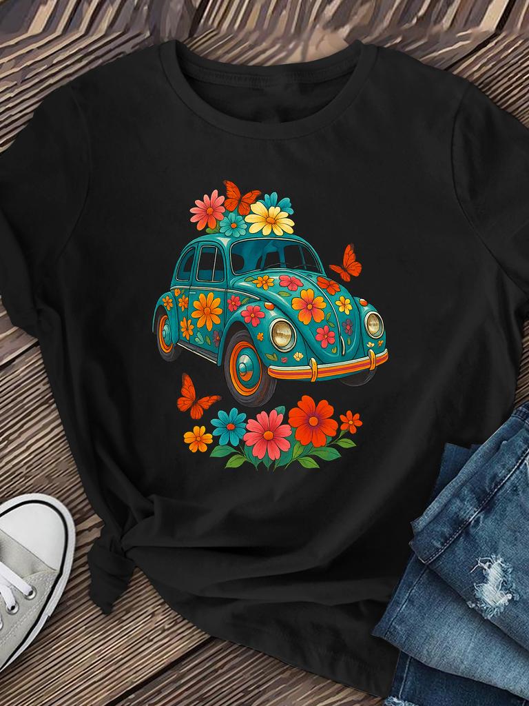 Floral Beetle Car Butterfly Design T-shirt