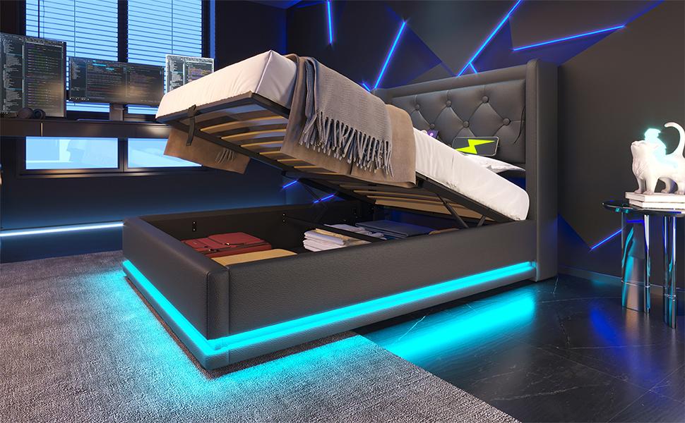 Upholstered Single Bed 90*200 cm, Black PU Hydraulic Storage Bed, Headboard with USB Type-C Charging, 3-Sided LED (With Mattress)