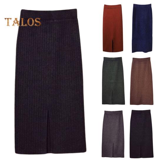 Женская трикотажная юбка с высокой талией и разрезом сзади, однотонная юбка миди, мягкая дышащая утолщенная теплая юбка с запахом на бедрах