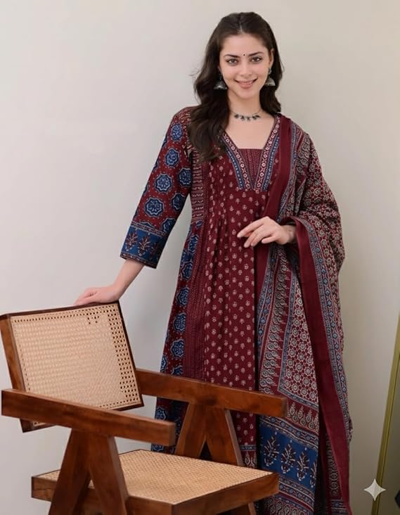 Женский set: printed Anarkali Kurta из вискозы, брюки и дупатта