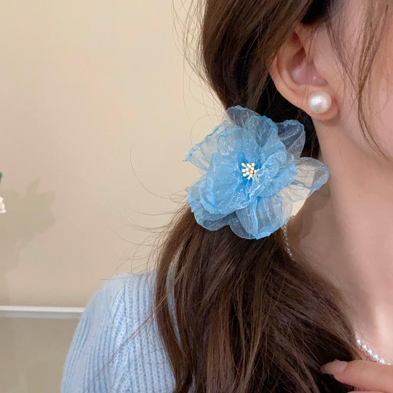 Новинка 2024 года, заколка для волос с большим цветком, модная шифоновая челка, заколки для волос, детские головные уборы для девочек, аксессуары для волос на отдыхе