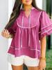 Women's Babydoll V Neck Blouse Short Lantern Sleeve Loose Peplum Flowy Top