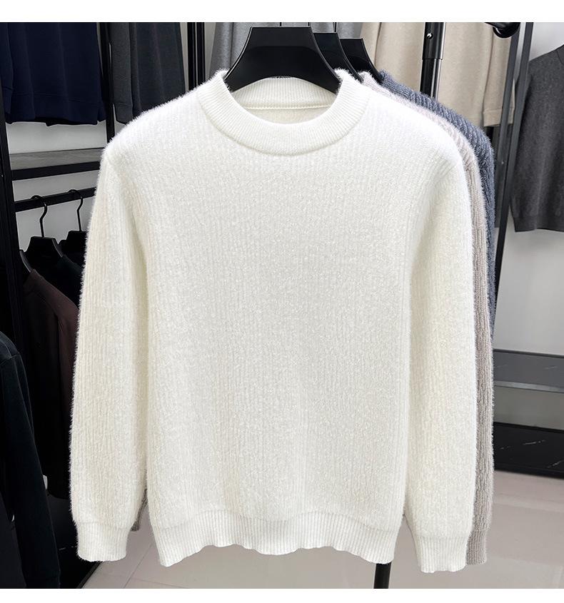 Men's Ferret Velvet Knit Fleece Pullover: Warm Round Neck Casual Fashion Base Layer Sweater