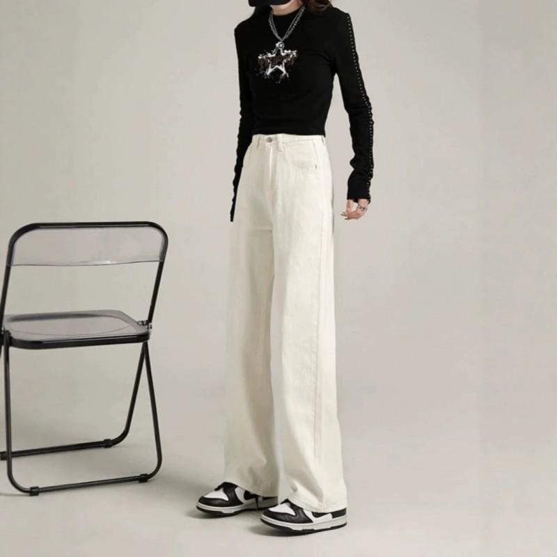 Womens White High-Waist Wide-Leg Straight Jeans 2026 Loose Fit Casual Trousers