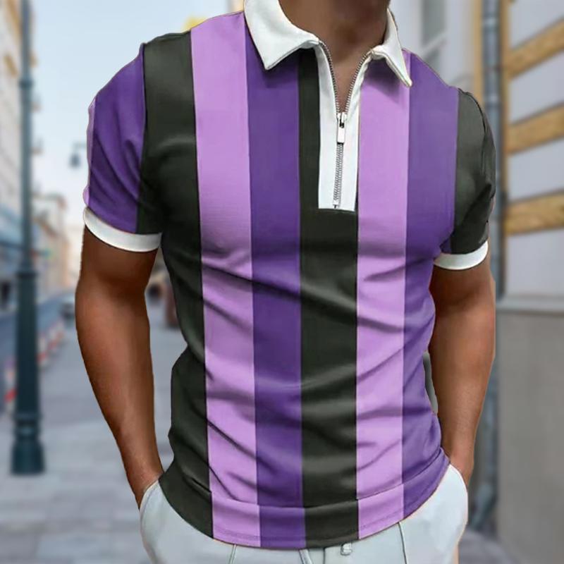 Повседневная футболка с лацканами, молодежная модная футболка с застежкой-молнией, футболка с коротким рукавом, мужская футболка с цветными блоками и вертикальными полосками
