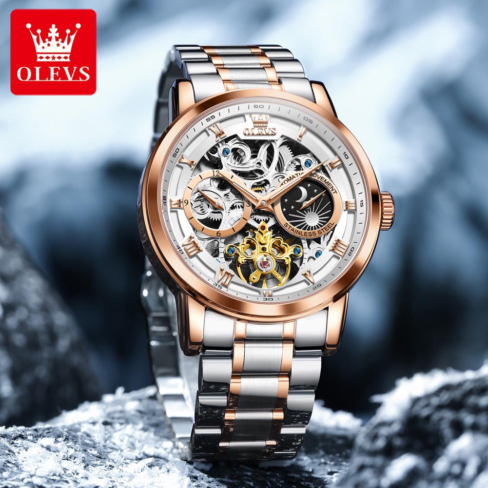 OLEVS 6670 Automatic Man Watch Fashion Luxury Skeleton Flywheel Waterproof Luminous Stainless Steel Men's Mechanical Wristwatch