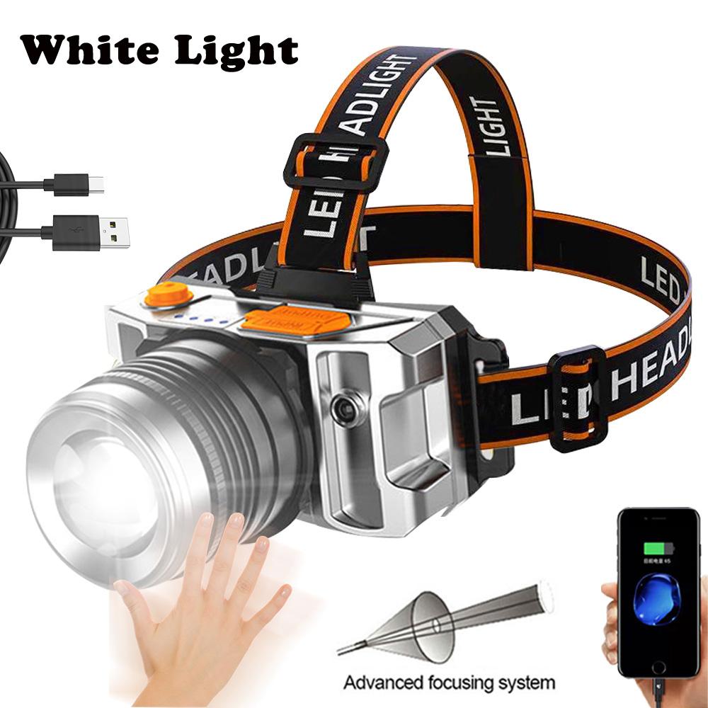 4 в 1 светодиодный налобный фонарь с регулируемым фокусом, красный + зеленый + синий + белый, масштабируемый рыболовный передний фонарик USB, красный предупреждающий свет