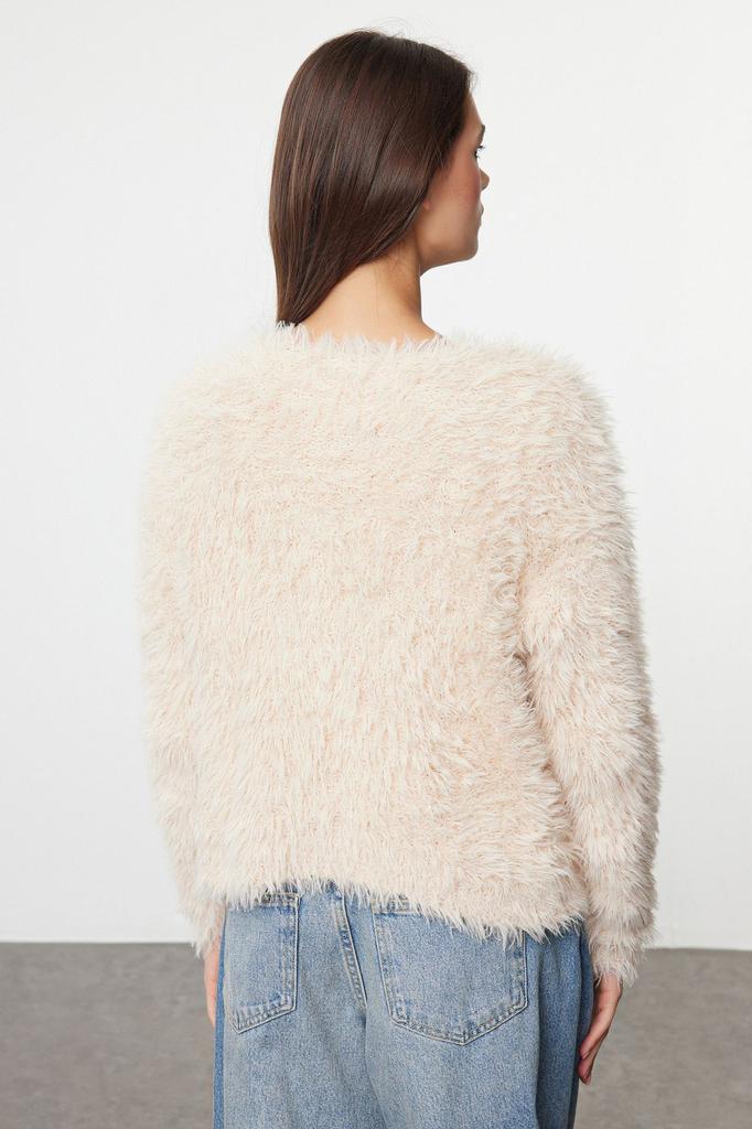 Women's Fashionable Stylish Cardigan Stone Soft Textured Furry Coat Look Knitwear Cardigan
