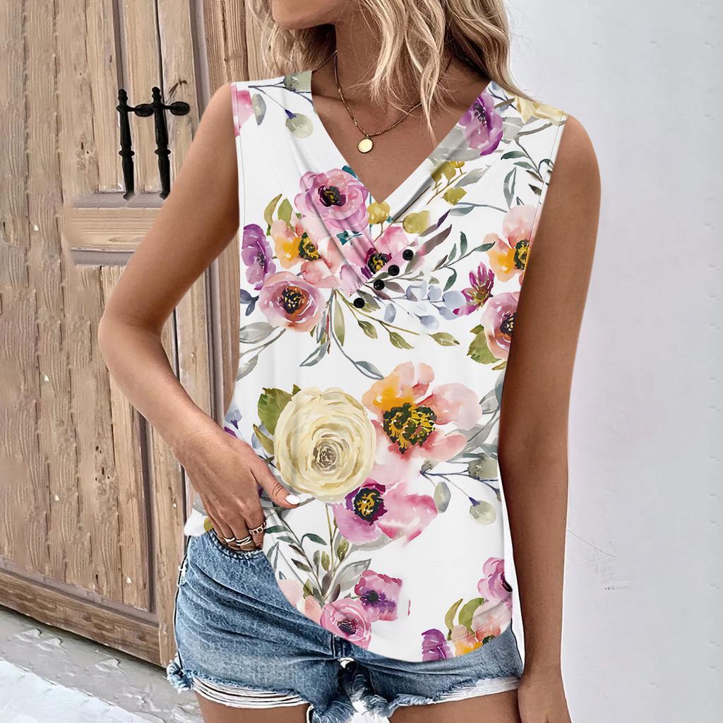 Summer Womens Tank Tops V Neck Casual Printed Sleeveless Shirts Casual Loose Fit Pleated Tshirts Tees Ladies Blouse