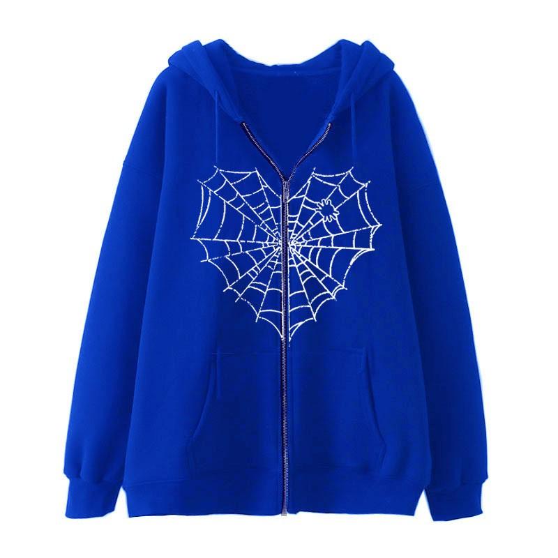 Spider Web Print Hooded Sweatshirt Women Loose Fit Zip-Up Casual Streetwear Oversized Pullover