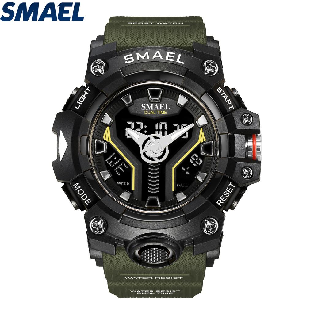 SMAEL 8075 Мужские Спортивные Часы с Аналоговым и Цифровым Двойным Дисплеем - 50М Водонепроницаемые, Светодиодная Подсветка, Двойное Время, Будильник, Хронограф, Секундомер