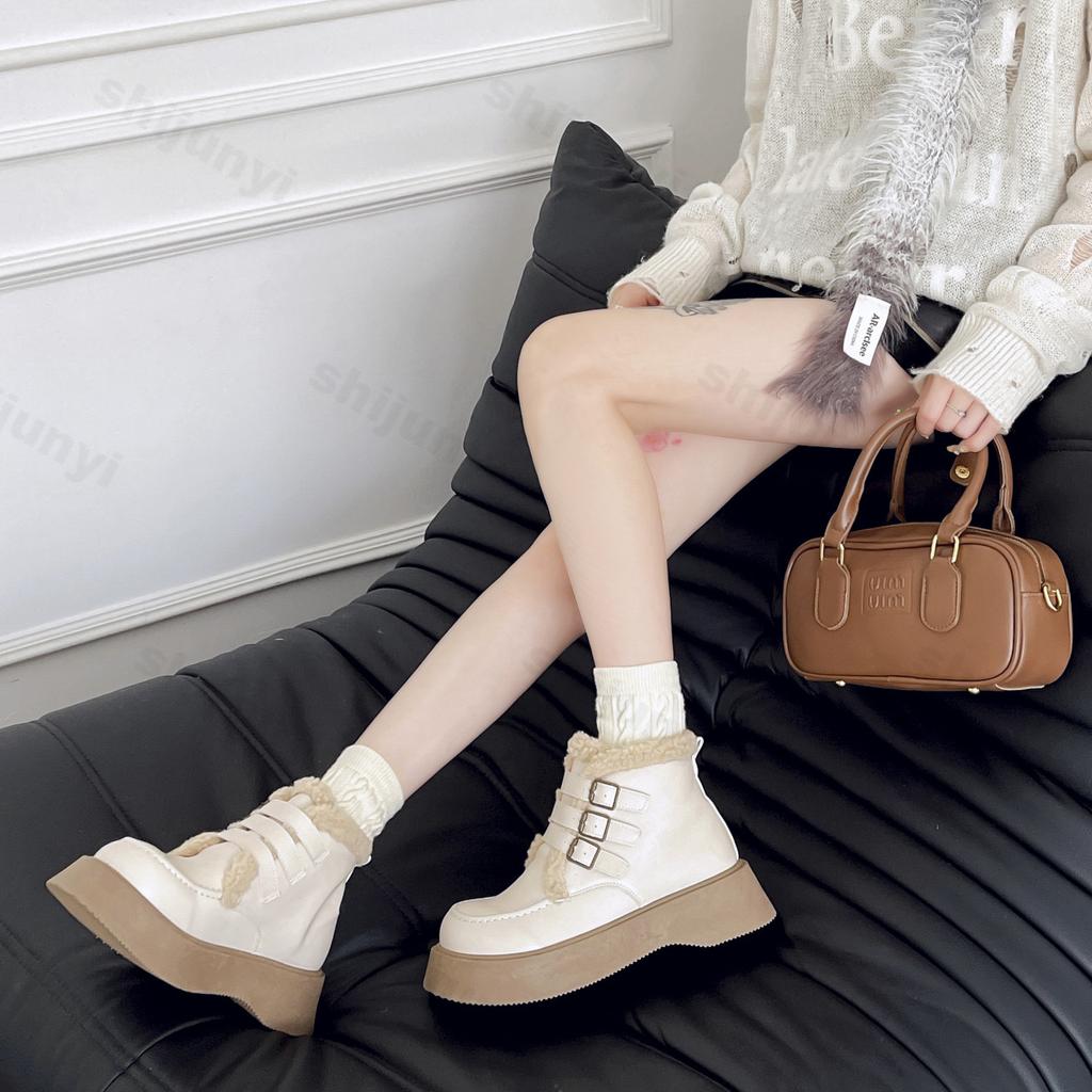 Модная зимняя женская обувь с круглым носком, ботинки на массивном каблуке, модные ботинки на высоком голенище с пряжкой, кожаная обувь для женщин, теплые зимние ботинки, обувь на платформе