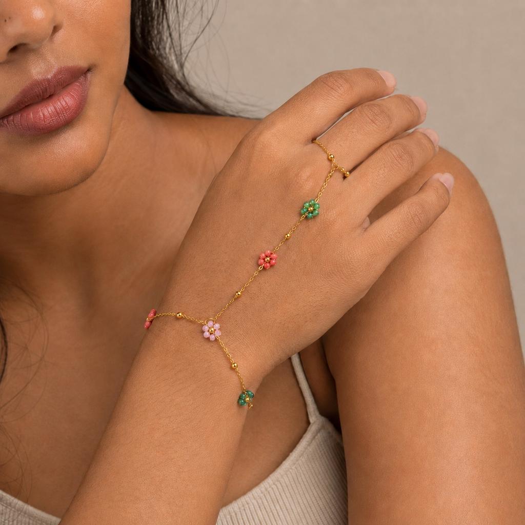 Delicate Stainless Steel Colorful Flower Bracelet for Women Boho 18K Gold Platd Adjustable Finger Bracelets Hand Jewelry Gift