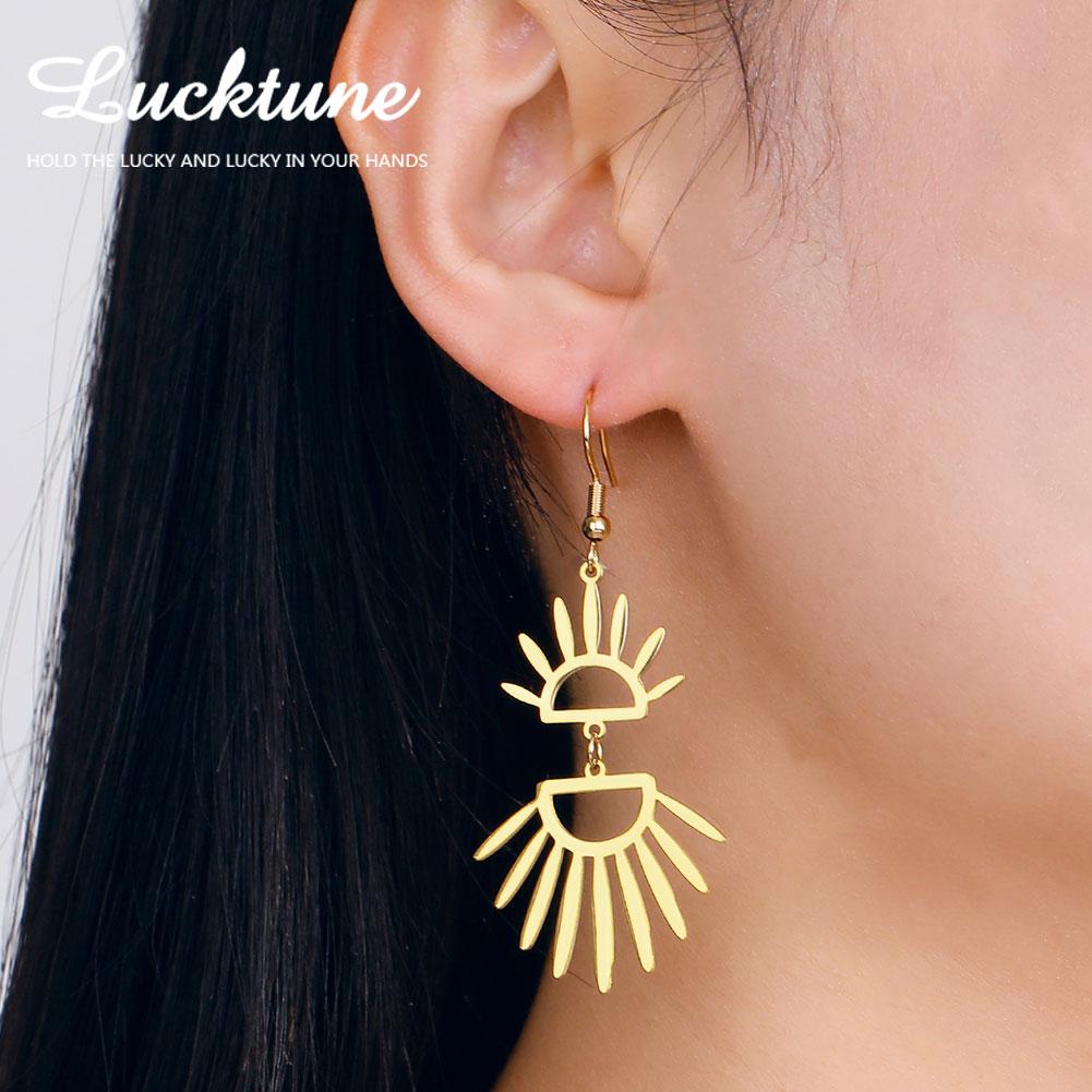 Серьги-подвески Lucktune в форме веера с полыми крыльями, из нержавеющей стали, золотого цвета, геометрические, с подвеской в виде солнца, для женщин, ювелирные изделия, подарки