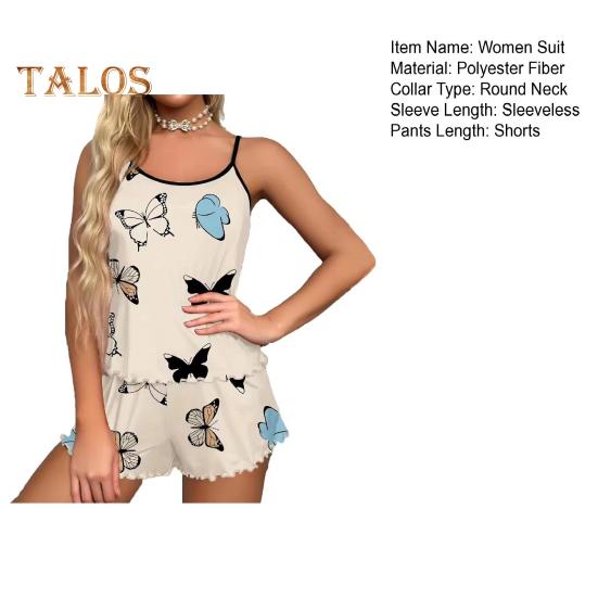 2 шт./комплект женская домашняя одежда топ шорты костюм с принтом бабочки без рукавов жилет с открытой спиной эластичные шорты с высокой талией майка шорты наряд для леди лето