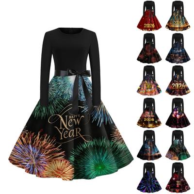 Женское повседневное модное платье с круглым вырезом и длинным рукавом с новогодним принтом в ретро-стиле