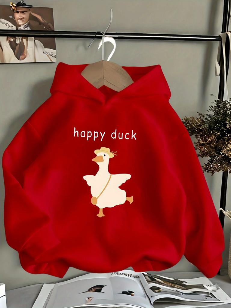 New Children Hoodie Cute Happy Duck Printed Casual Long Sleeve Sweatshirts Boys Girls Active Kawaii Gift Loose Hooded Outerwear