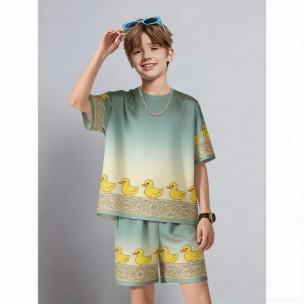 Summer Kids Set Fun Cartoon Duck Printed Kids T-shirt and Shorts 2 Piece Set Summer Casual Outdoor Boys and Girls Outfit Kids Clothing