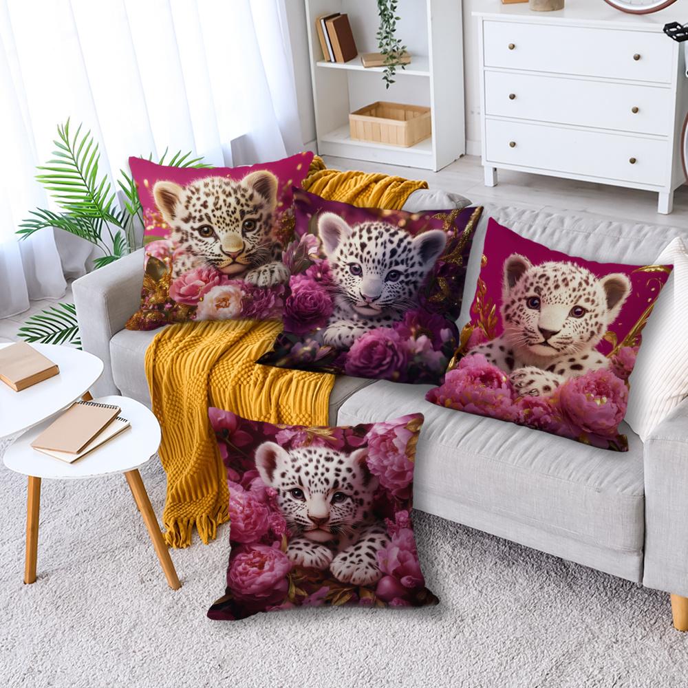4Pcs Luxury Baby Leopard & Peony Throw Pillow Covers, Cute Leopard Cub With Floral Print Cushion Cases, Glam Animal Home Decor