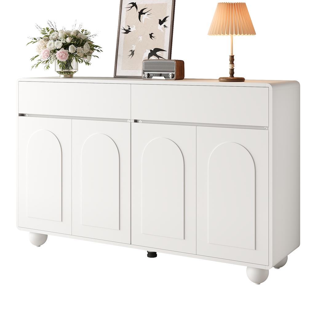 Sideboard Living Room with Curved Doors, Modern Storage Cabinet made of PB and MDF, Round Metal Feet