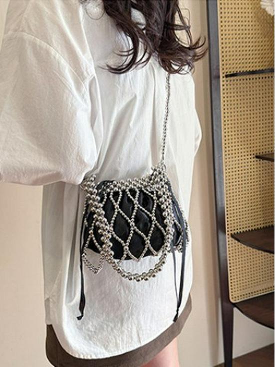 French Pearl Handbag: Elegant Women's Beaded Evening Bag, Large Capacity, Handmade Woven Shoulder Bag.