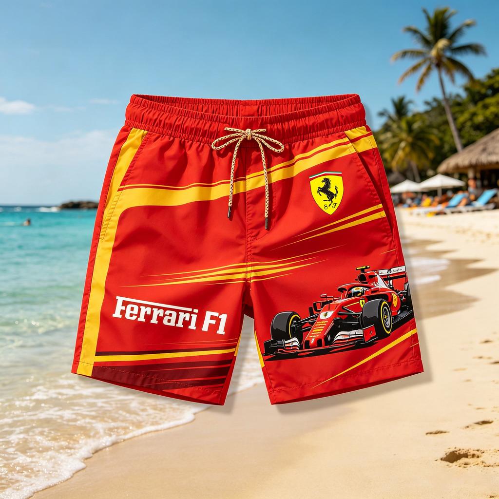2026 Пляжные шорты Ferrari Racing Print Быстросохнущие Летние Спортивные Board Shorts На шнурке