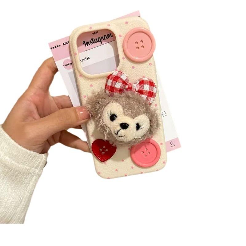 Милая плюшевая кукла-груша Кожаный шнурок Подходит для iPhone16 15 Кожаный узор Чехол для мобильного телефона Apple 14 Защитная крышка