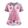 Women's Christmas Print V-Neck Double Pocket Short Sleeves Hem Slit Uniform And Caregiver Top