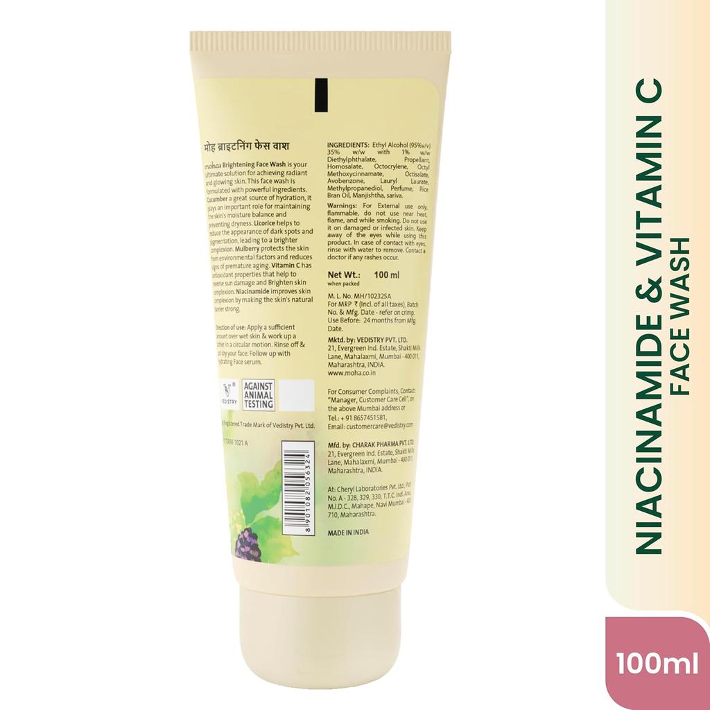 Moha Vitamin C Face Wash 100ml Pack of 1 for Brightening, Even-Toned Skin, Gentle Daily Cleanser with Herbal Extracts
