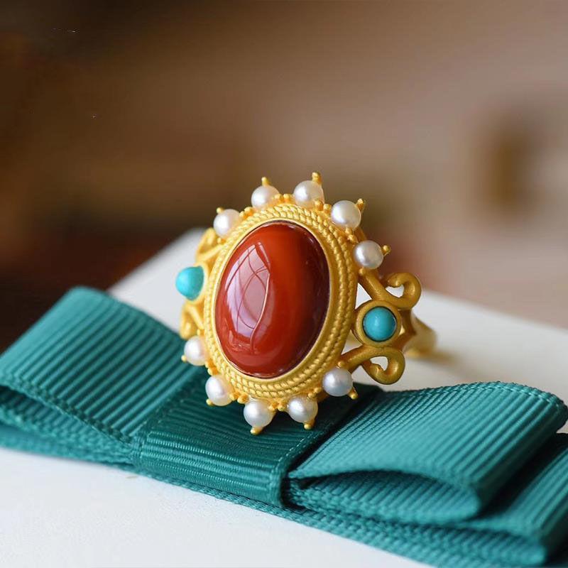 Natural Hetian Jade Pearl Ring in Palace Style S925Pure silver and southern red agate large cabochon ring, ancient gold jewelry