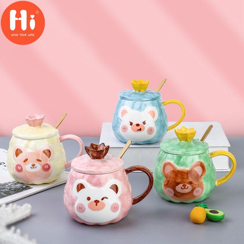 Креативная мультяшная чашка с медведем, керамическая кружка с ручной росписью и крышкой, пара, чашка для кофе, молока, домашнего офиса, логотип