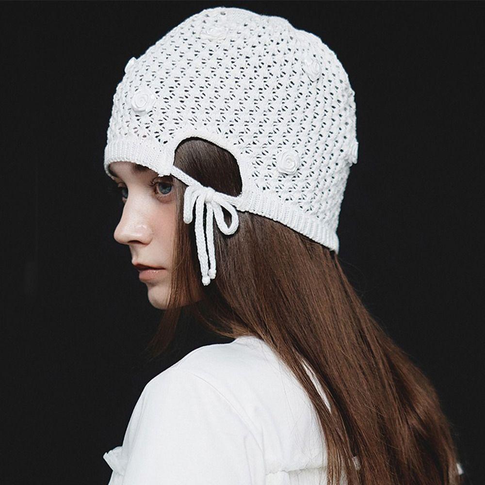 Hollowed Out Knitted Hat Casual Sun Visor Breathable Beret Cap for Women