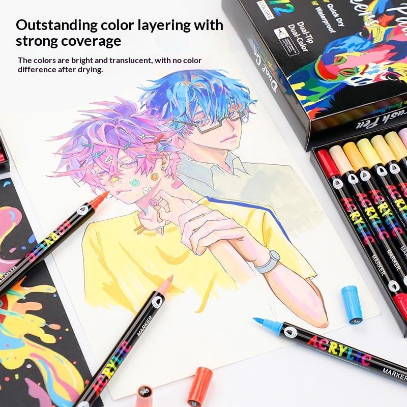 24/48 Colors Dual Tip Acrylic Paint Marker Pen Double Color High Saturation Paint Pen For Kids Student Diy Graffiti Art Drawing