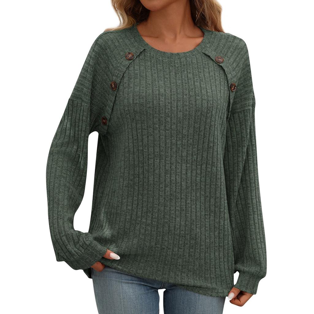 Женская модная однотонная повседневная футболка с круглым вырезом и длинными рукавами на пуговицах