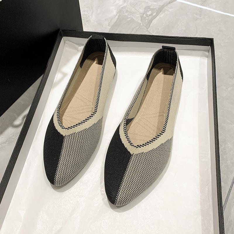 Женские балетки 2024 Весна и Осень Новые Остроносые Вязаные Женские Туфли Модные Дышащие Нескользящие Красивые Цветовые Сочетания